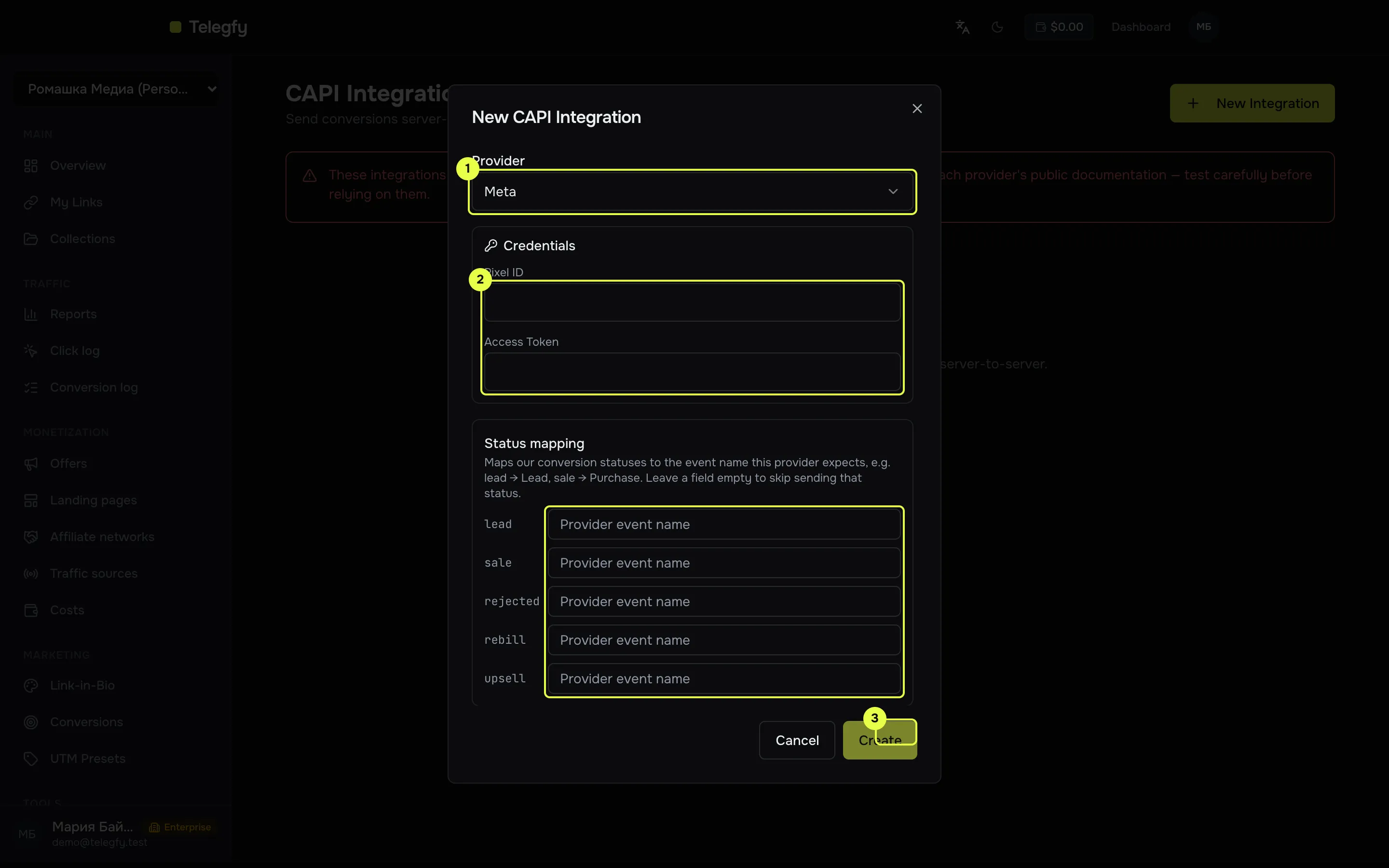 New CAPI integration dialog: provider choice, credentials, status mapping and the active switch