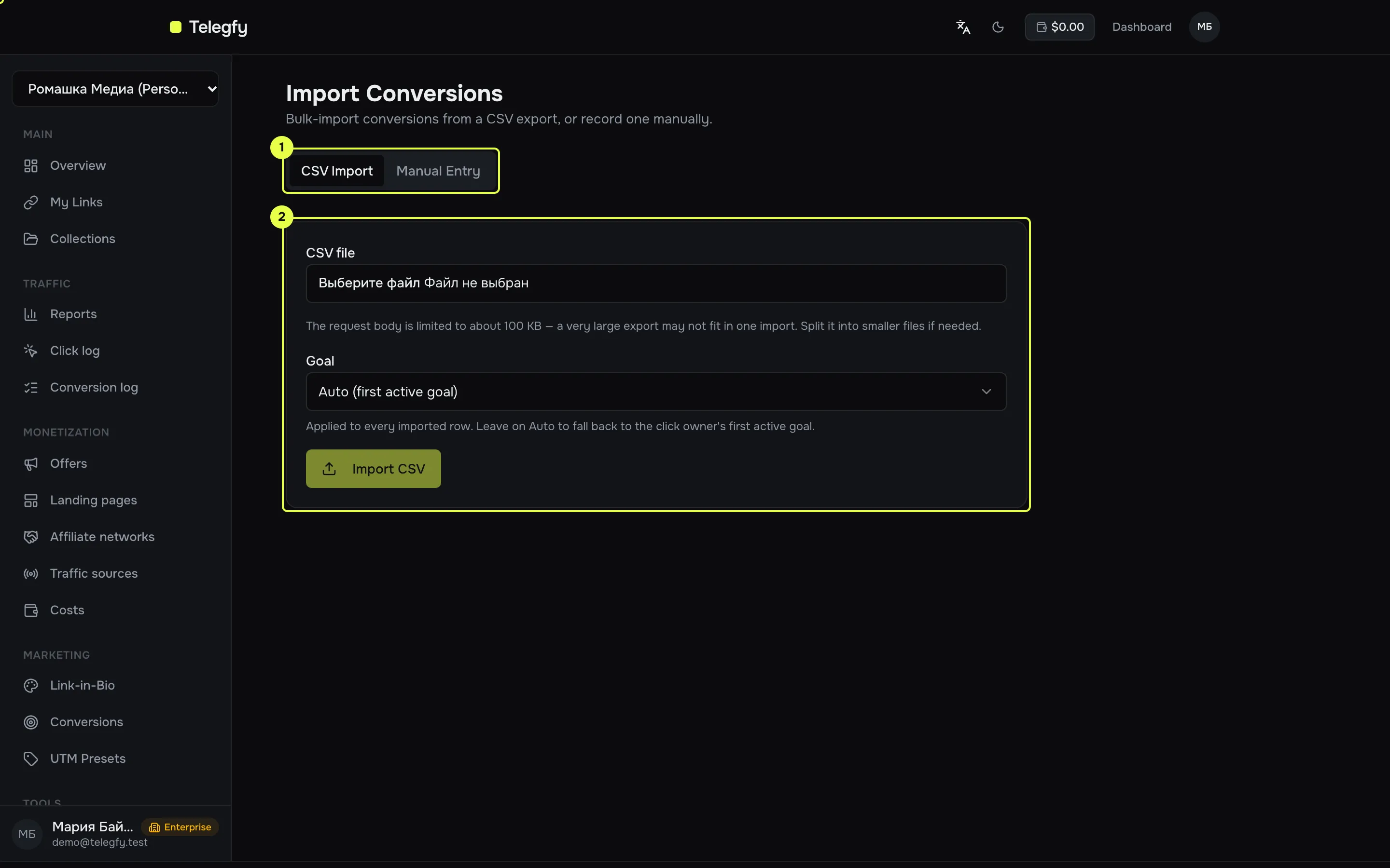 Conversion import page with the CSV Import and Manual Entry tabs and the file picker area
