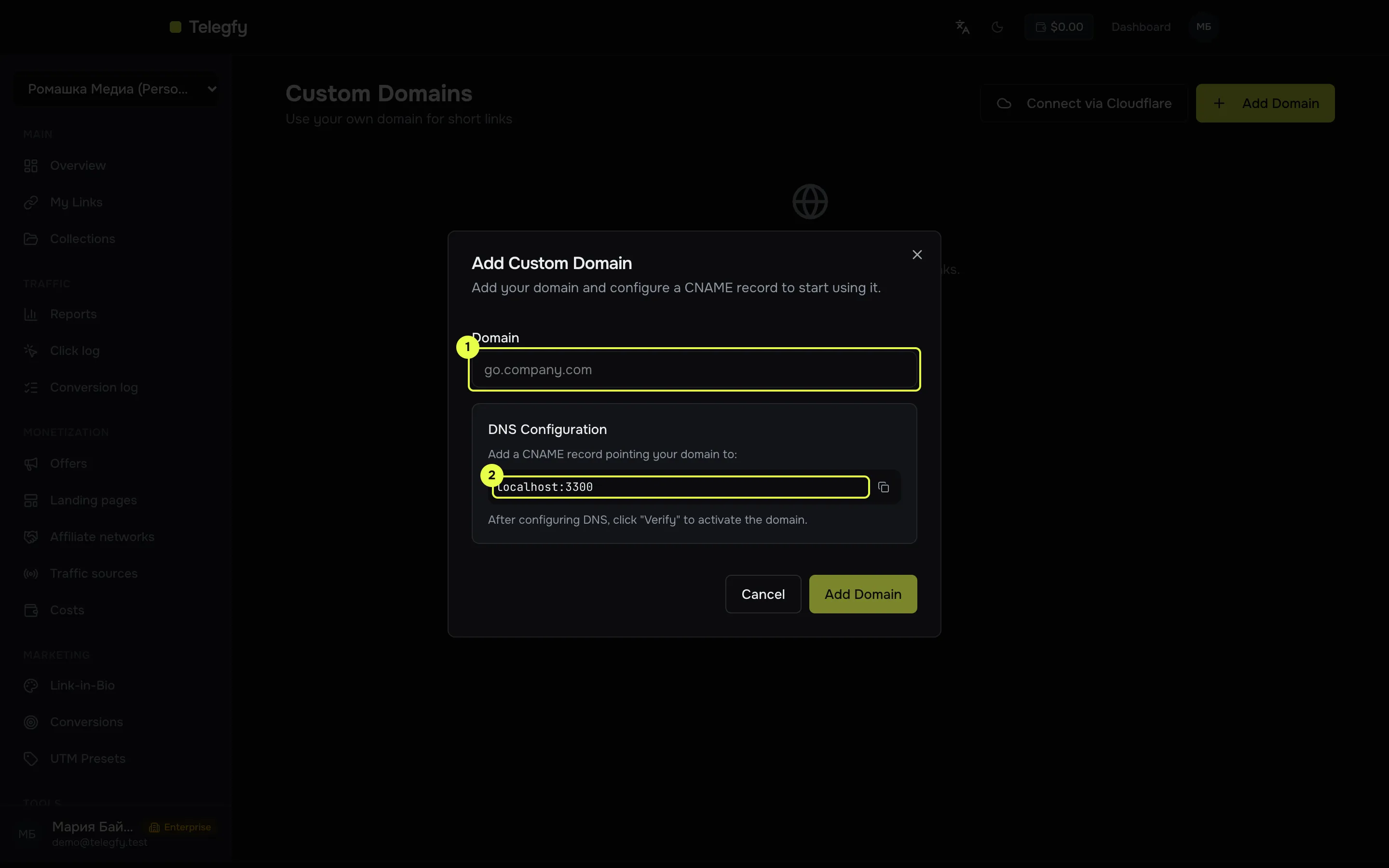 Add domain dialog: the domain field and the DNS configuration block with the CNAME target