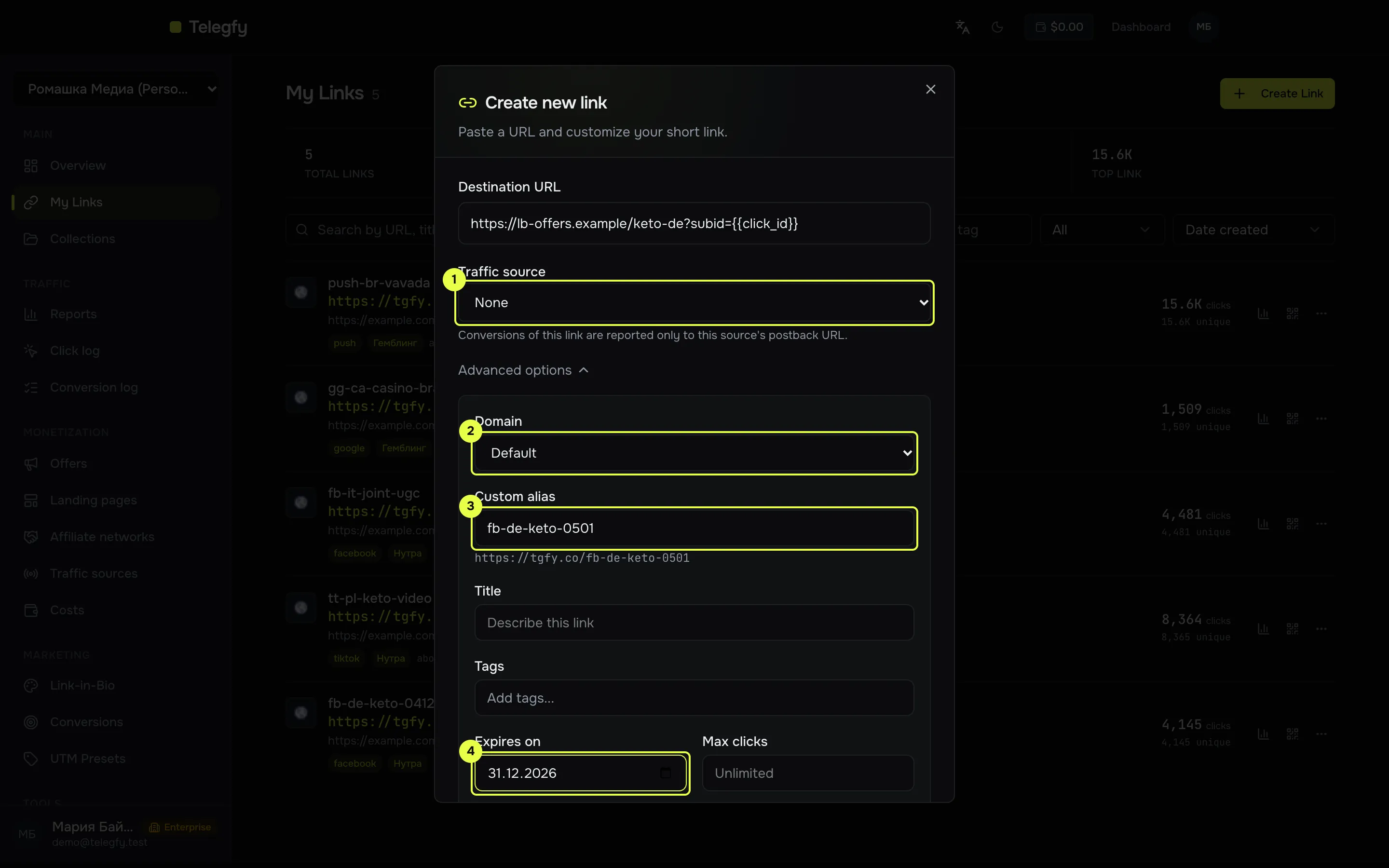 Create link dialog with advanced options open: traffic source, domain, custom alias and expiry date