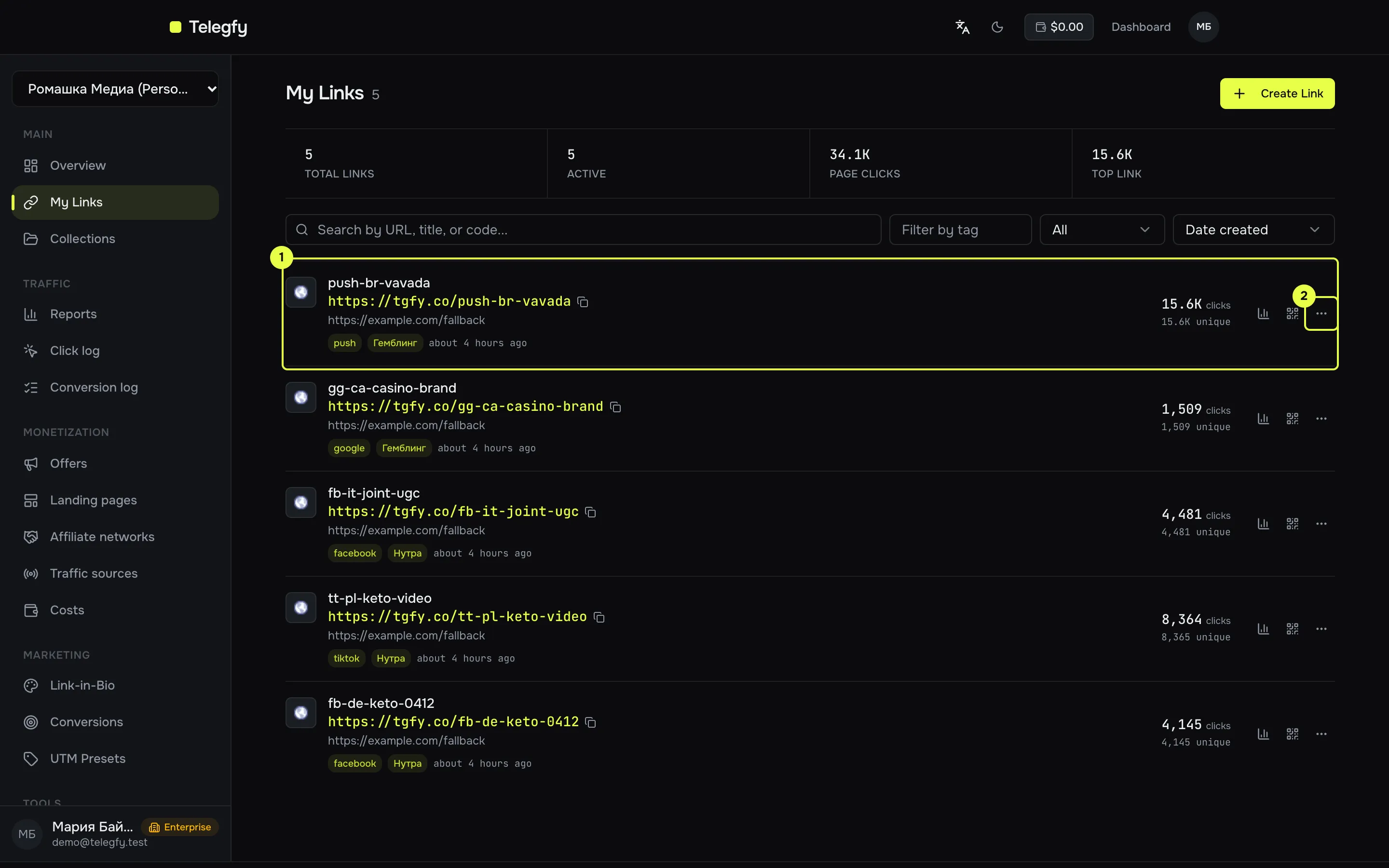 My Links list with short addresses and the actions menu