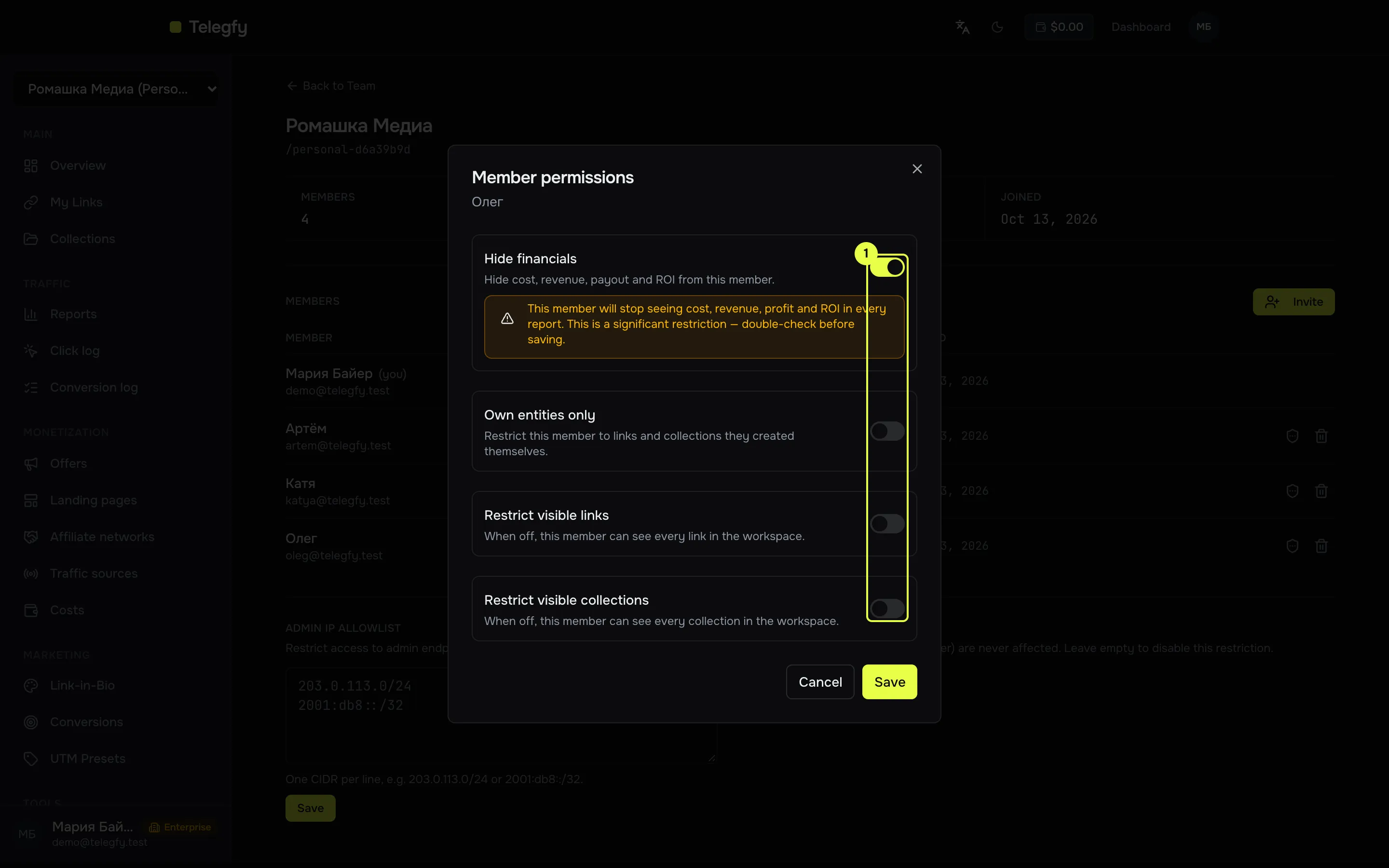 Member permissions dialog with restriction switches