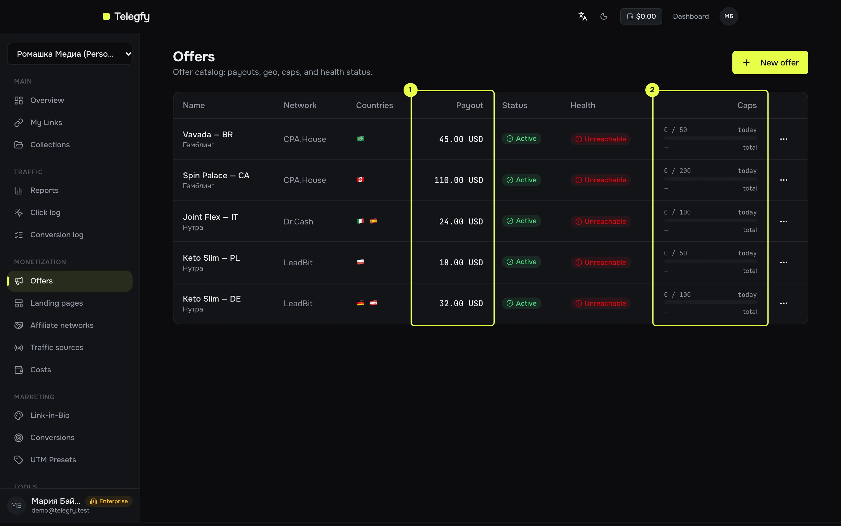 Offers list: name, network, payout, caps and health status