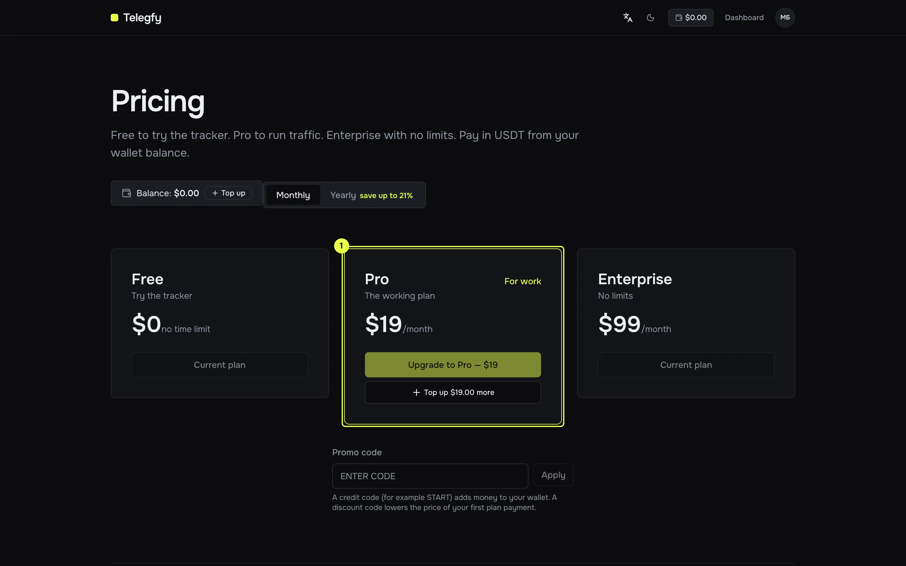Pricing page: the Pro card with price, purchase and trial buttons