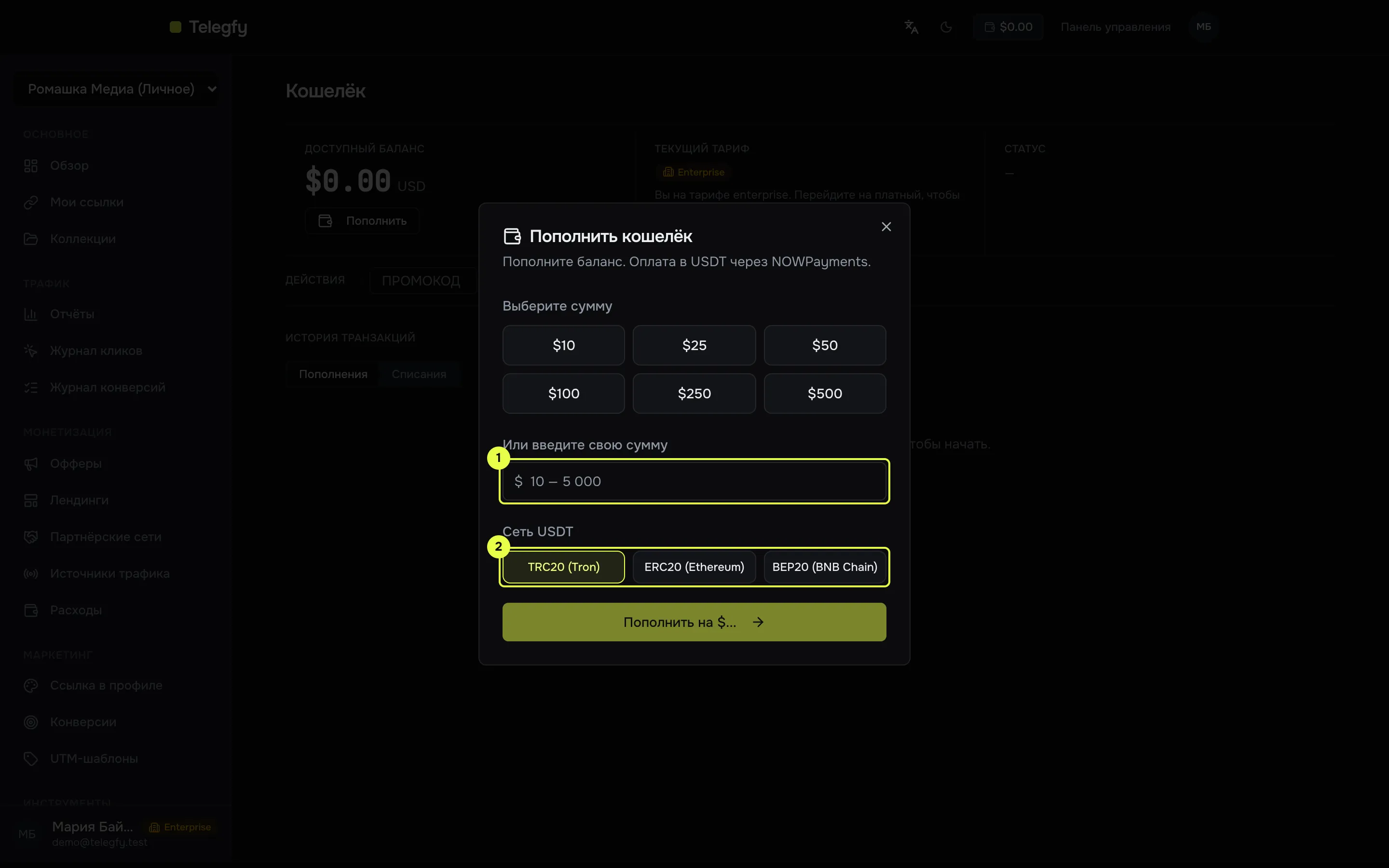 Диалог пополнения кошелька: сумма, бонус и выбор сети USDT