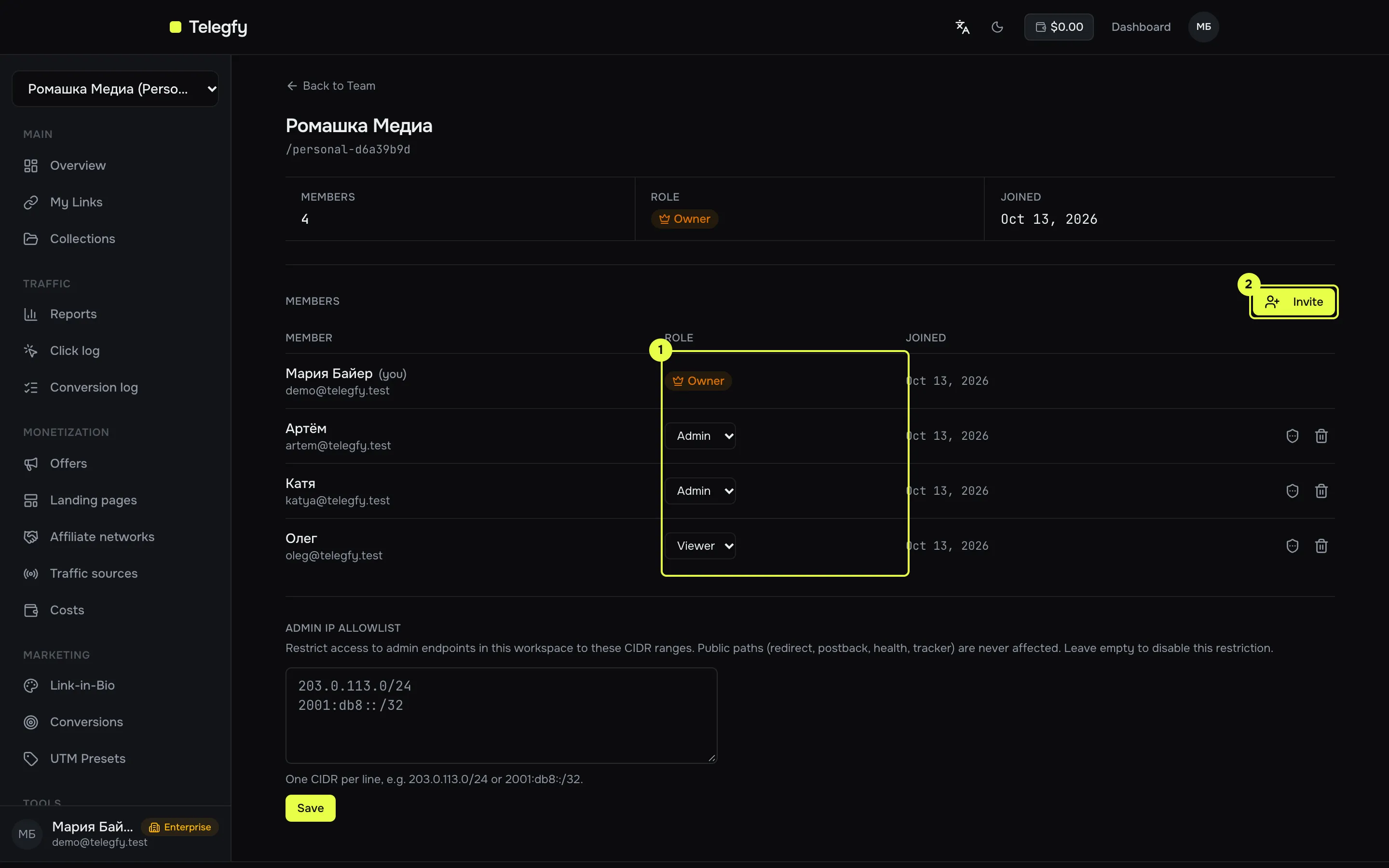 Workspace settings: members table with roles and the Invite button